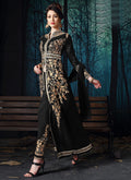 Indian Clothes - Black Slit Style Embroidered Anarkali Pant Suit