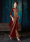 Indian Clothes - Maroon Slit Style Embroidered Anarkali Pant Suit