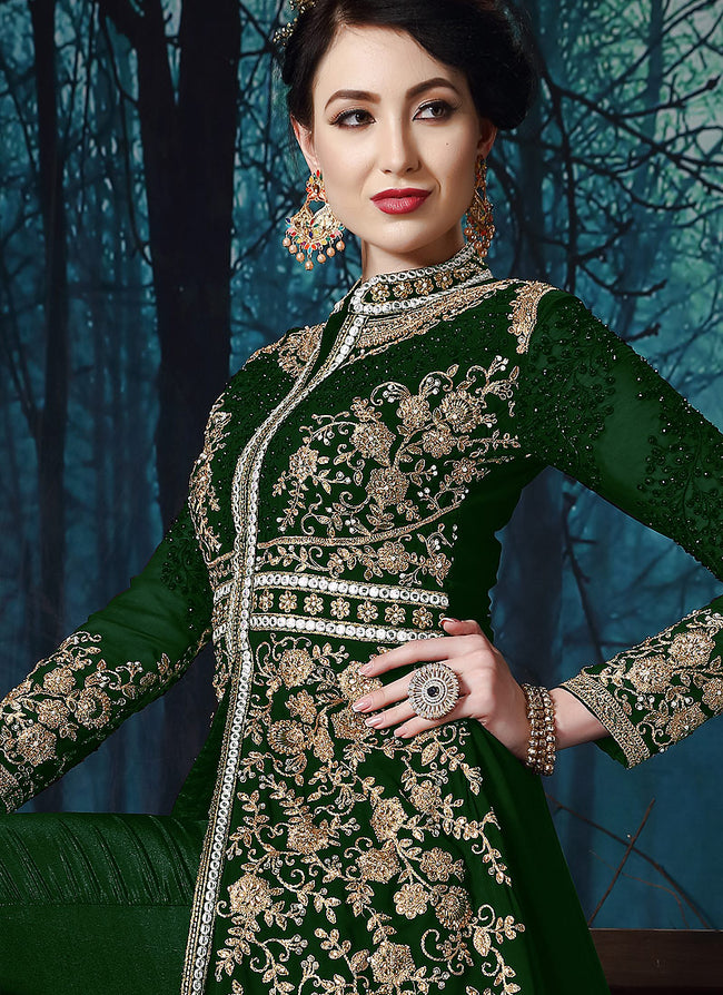 Dark Green Slit Style Embroidered Anarkali Pant Suit, Salwar kameez