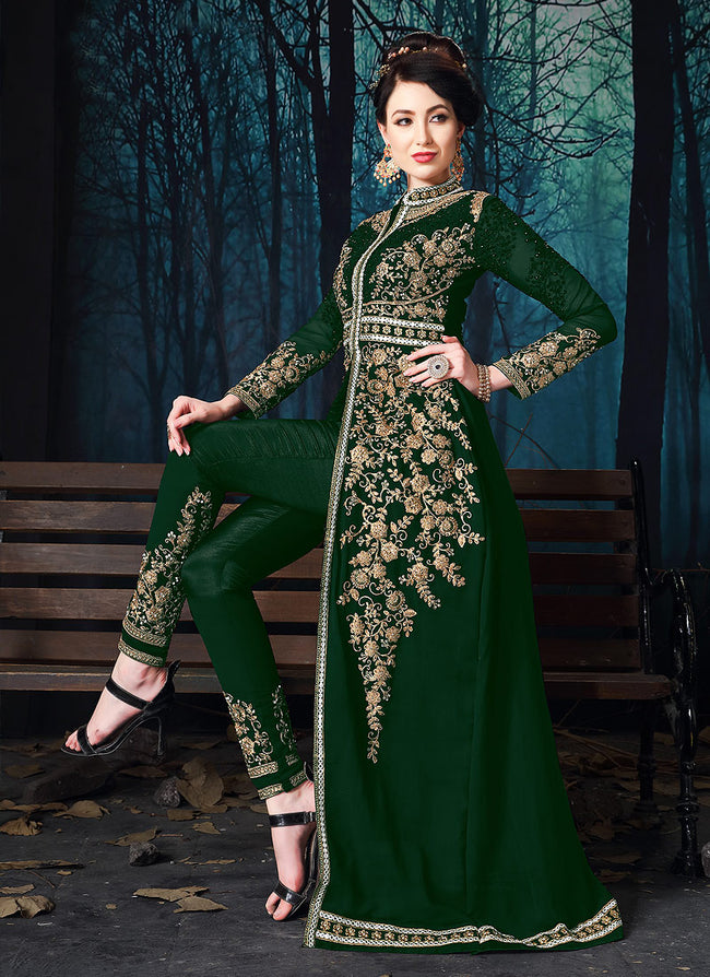 Dark Green Slit Style Embroidered Anarkali Pant Suit