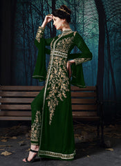 Indian Clothes - Dark Green Slit Style Embroidered Anarkali Pant Suit
