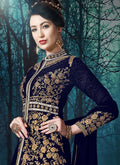 Navy Blue Slit Style Embroidered Anarkali Pant Suit, Salwar Kameez