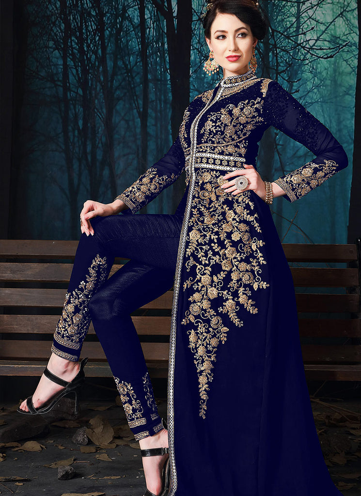 Navy Blue Slit Style Embroidered Anarkali Pant Suit