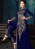 Navy Blue Slit Style Embroidered Anarkali Pant Suit