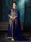 Indian Clothes - Navy Blue Slit Style Embroidered Anarkali Pant Suit