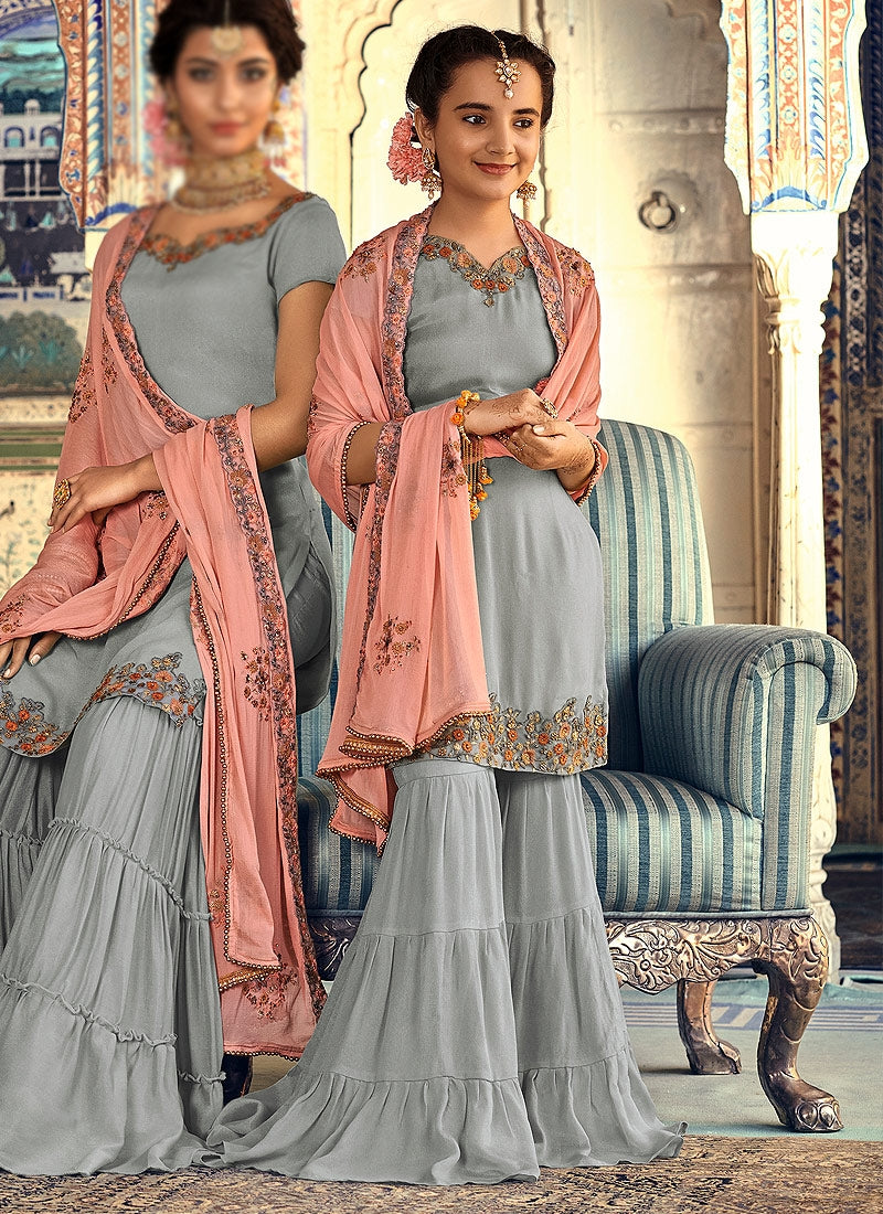 Silver And Peach Embellished Gharara Suit