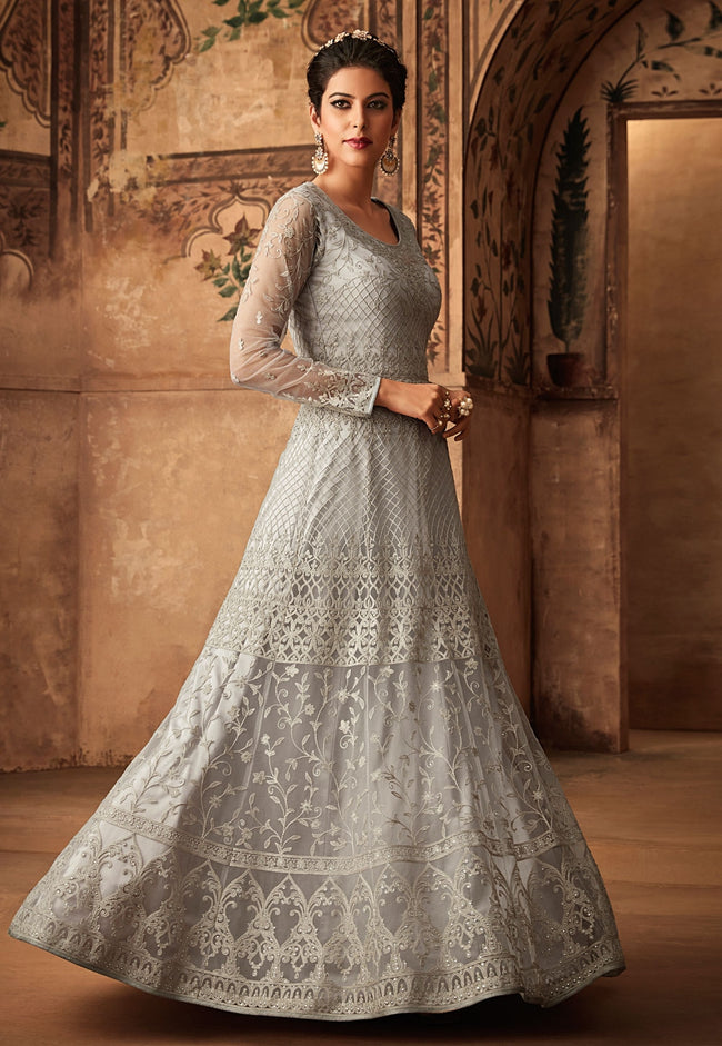 White Silver Embroidered Net Anarkali Suit