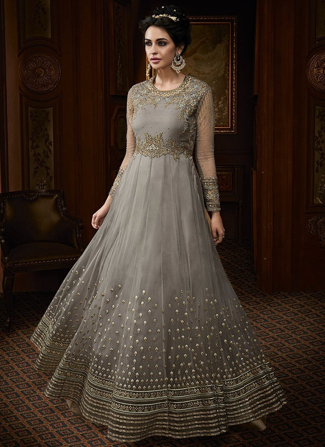 Silver Grey Embroidered Net Anarkali Suit - Hatkay