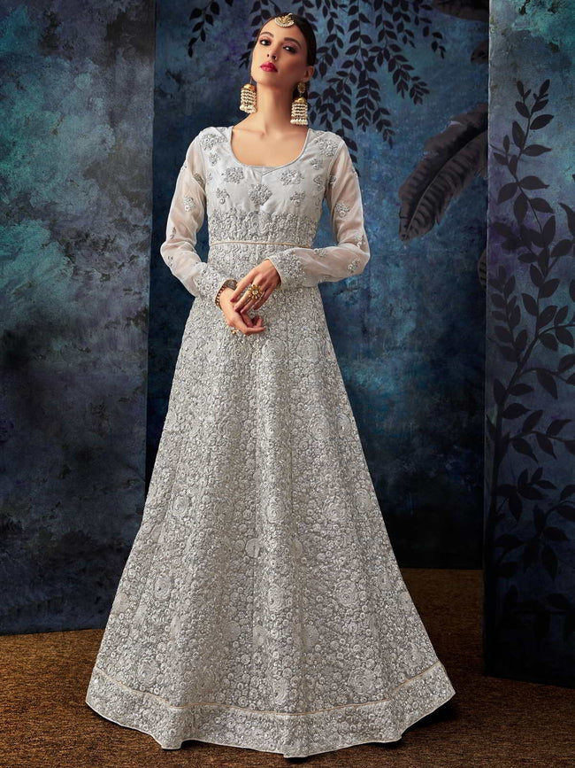 Silver Overall Embroidered Silk Anarkali Suit