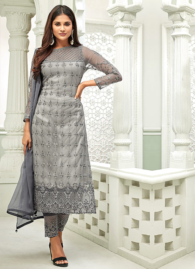 Silver Pakistani Embroidered Pant Suit