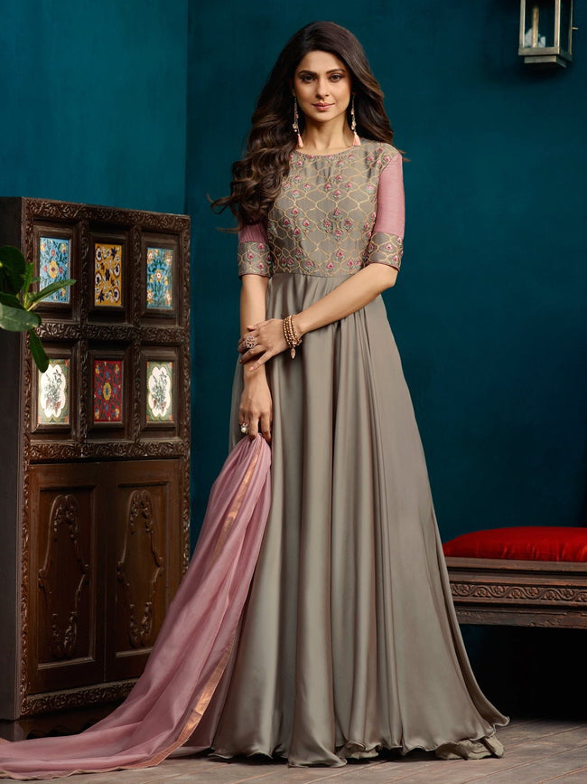 Silver With Pink Minimalist Embroidered Anarkali