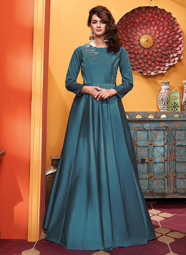 Turquoise Designer Gown Suit