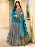 Slate Grey And Blue Motif Embroidered Ghera Anarkali Suit