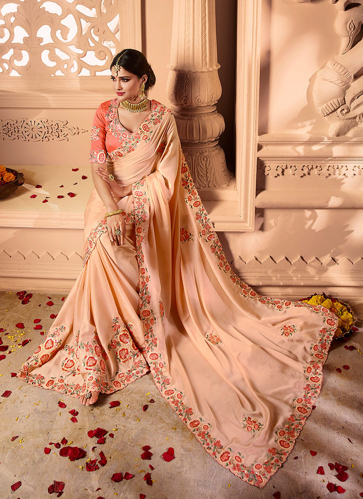 Orange And Peach Embroidered Designer Silk Saree