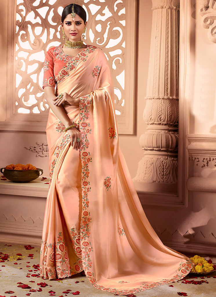 Orange And Peach Embroidered Designer Silk Saree