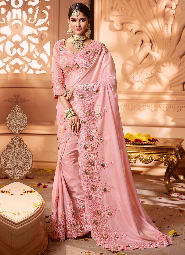 Light Pink Overall Embroidered Designer Silk Saree