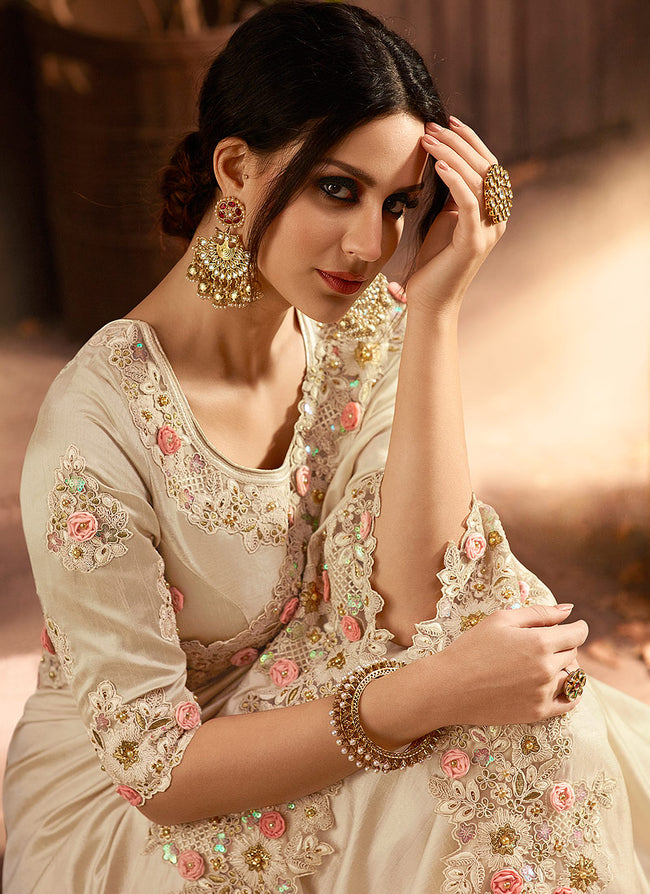 Beige With Golden Embroidered Designer Saree