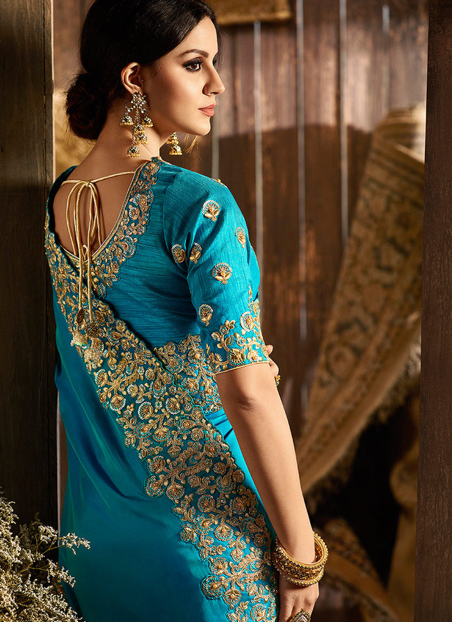 Blue With Golden Embroidered Designer Saree