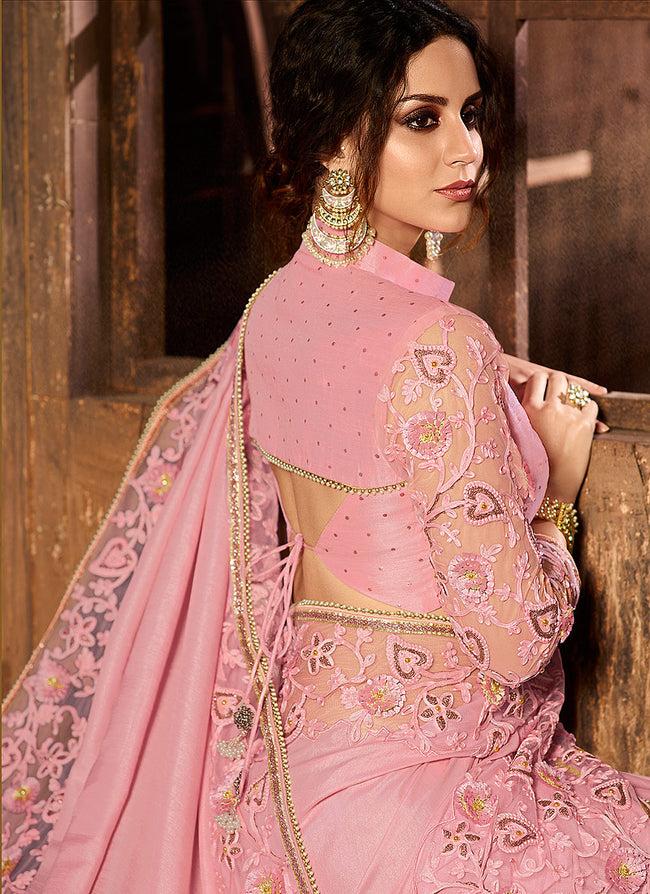 Pink With Multi Embroidered Pallu Traditional Saree