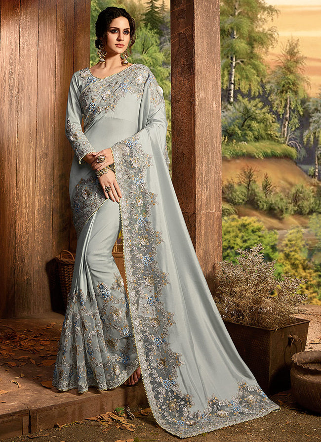 Light Grey With Embroidered Pallu Traditional Saree