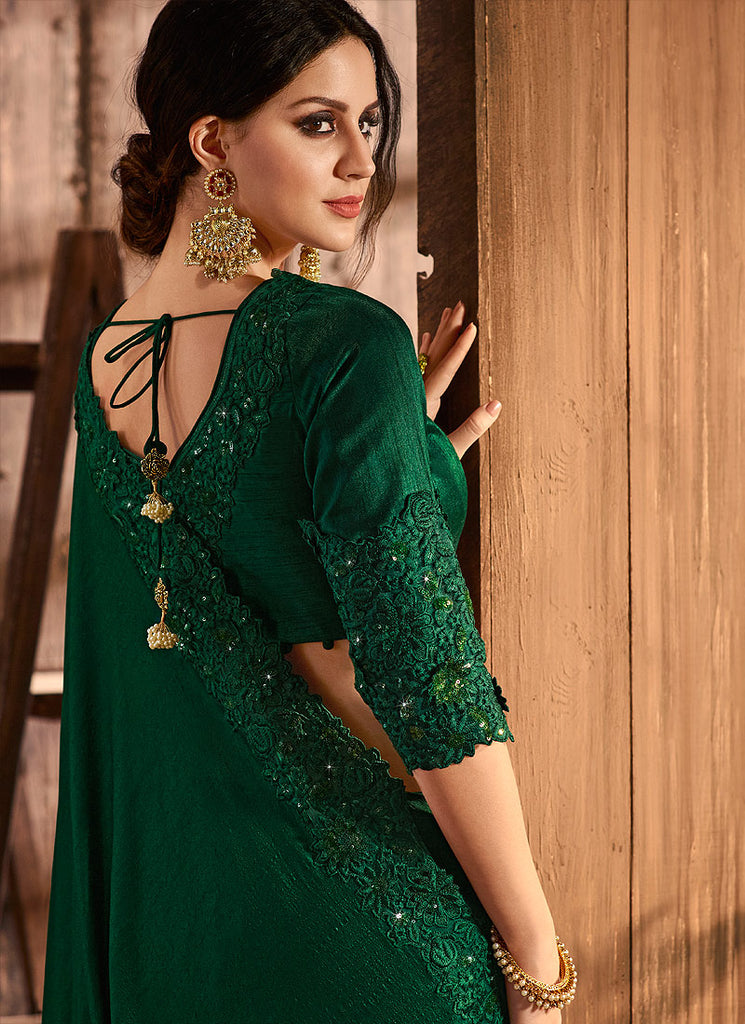 Deep Green With Multi Embroidered Pallu Traditional Saree