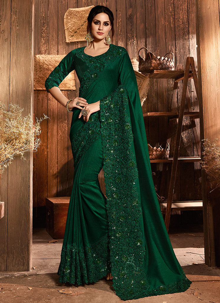 Deep Green With Multi Embroidered Pallu Traditional Saree