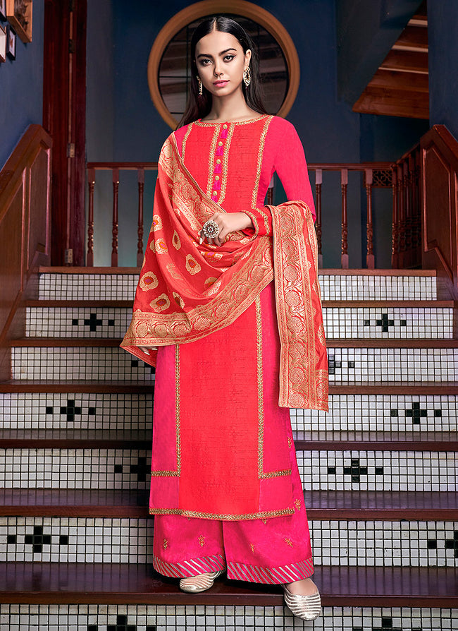 Orange and Rose Pink Churidar Salwar Suit For Casual