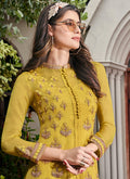 Yellow Golden Embroidered Jacket Style Anarkali Suit Set, Salwar Kameez