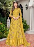 Indian Clothes - Yellow Golden Embroidered Jacket Style Anarkali Suit Set