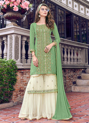 Indian Clothes - Green And Beige Layer Embroidered Gharara Suit Set