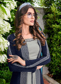 Blue And Grey Embroidered Jacket Style Palazzo Suit Set, Salwar kameez