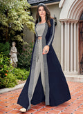 Blue And Grey Embroidered Jacket Style Palazzo Suit Set