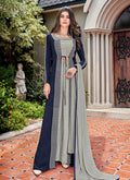 Indian CLothes - Blue And Grey Embroidered Jacket Style Palazzo Suit Set