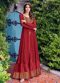 Red Golden Embroidered Jacket Style Anarkali Suit Set, Salwar Kameez