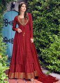 Indian Clothes - Red Golden Embroidered Jacket Style Anarkali Suit Set