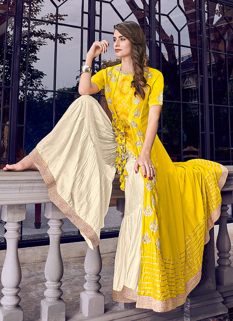 Yellow And Beige Jacket Style Embroidered Gharara Suit