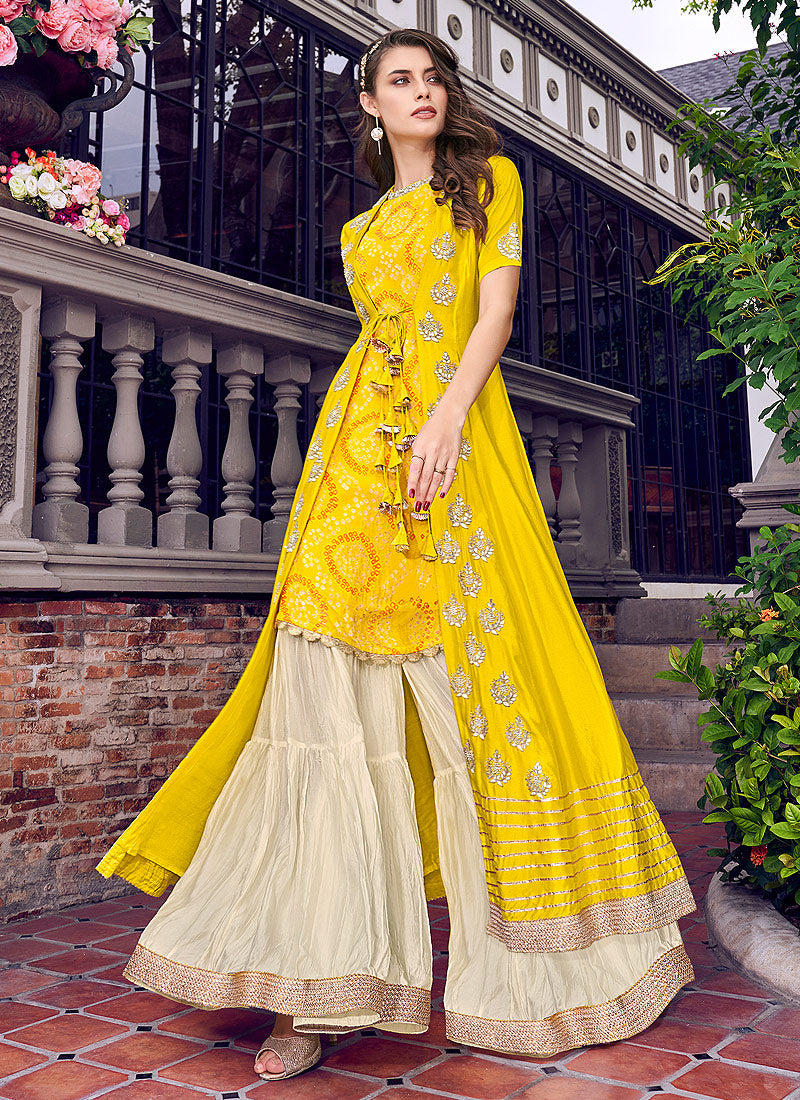 Yellow And Beige Jacket Style Embroidered Gharara Suit