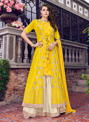 Indian Clothes - Yellow And Beige Jacket Style Embroidered Gharara Suit