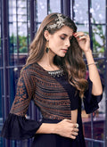 Navy Blue Jacket Style Embroidered Palazzo Suit, Salwar Kameez