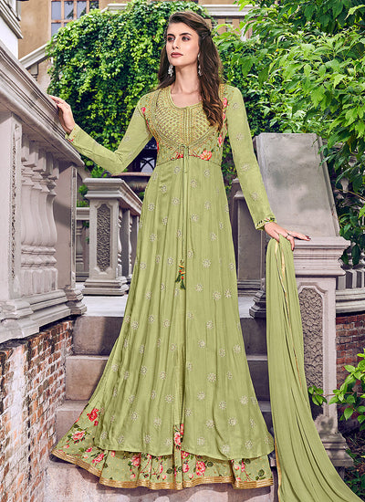 Indian Clothes - Green Multi Embroidered Jacket Style Anarkali Suit Set
