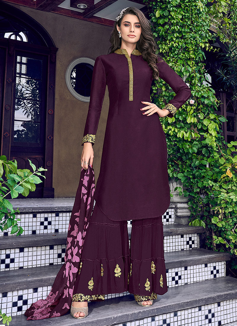 Indian Clothes - Purple Overall Golden Embroidered Palazzo Suit Set