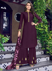 Indian Clothes - Purple Overall Golden Embroidered Palazzo Suit Set