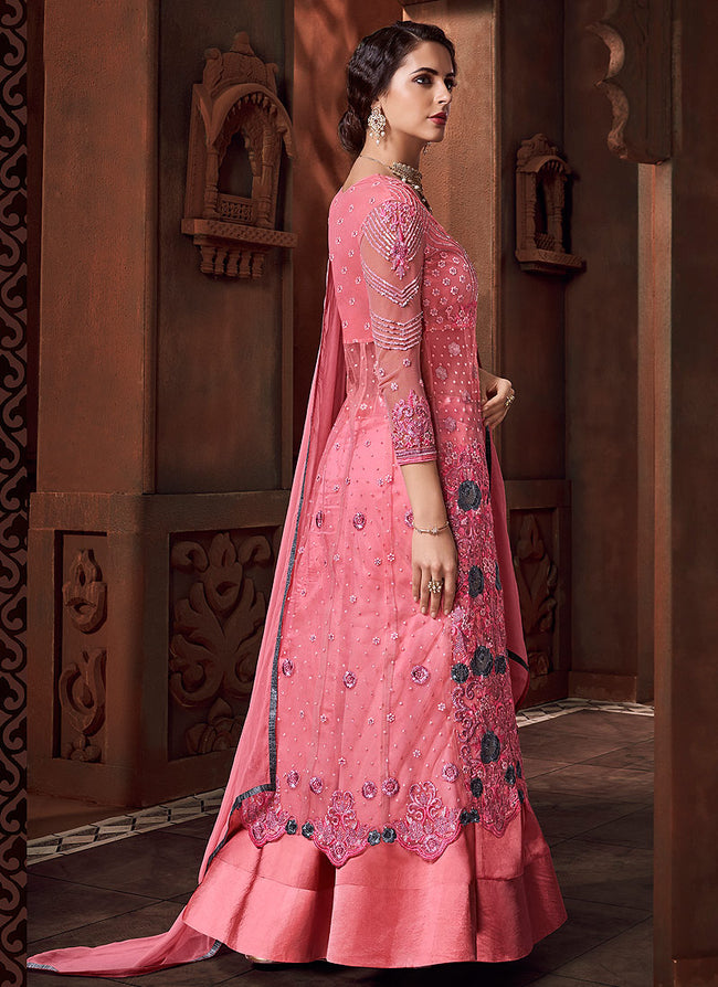 Pink Multi Embroidered Lehenga Style Anarkali Suit, Salwar Kameez