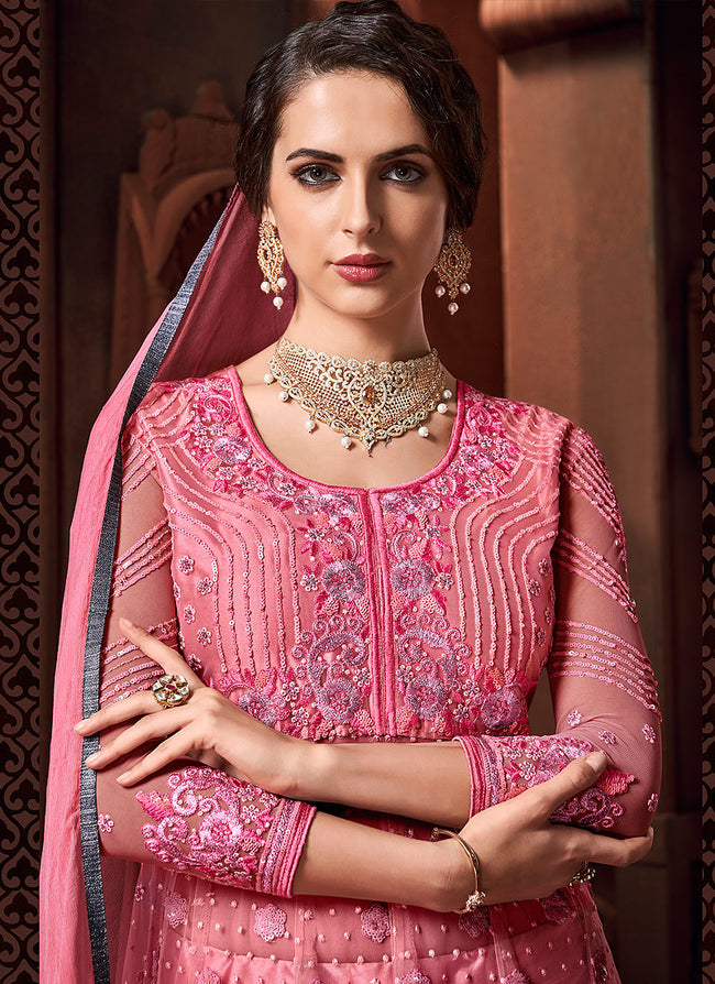 Pink Embroidered Lehenga Style Anarkali Suit