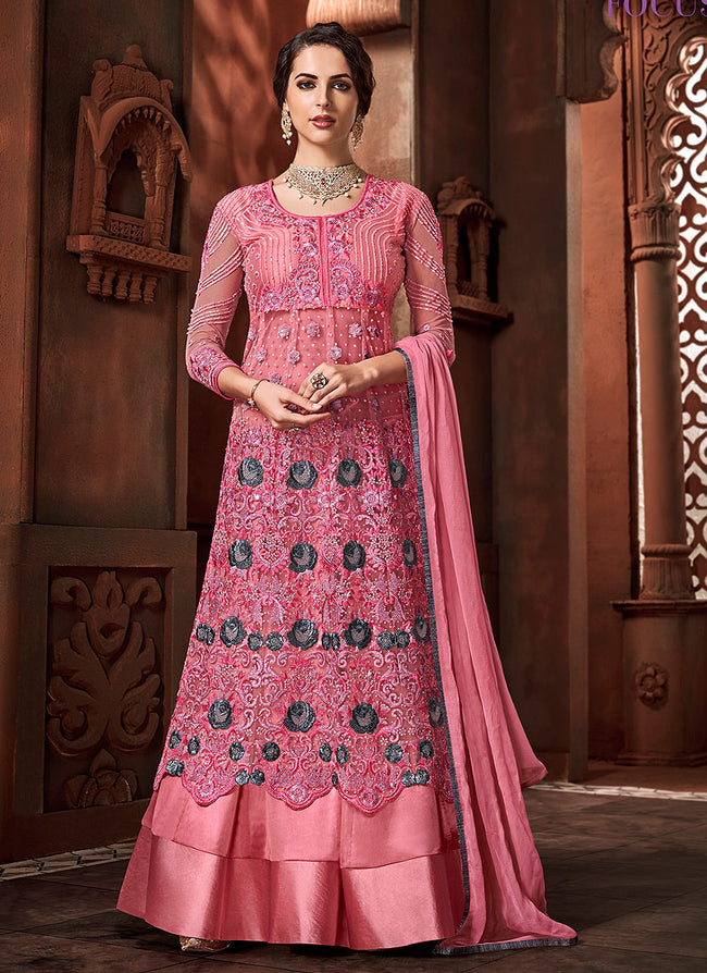 Indian Clothes - Pink Embroidered Lehenga Style Anarkali Suit