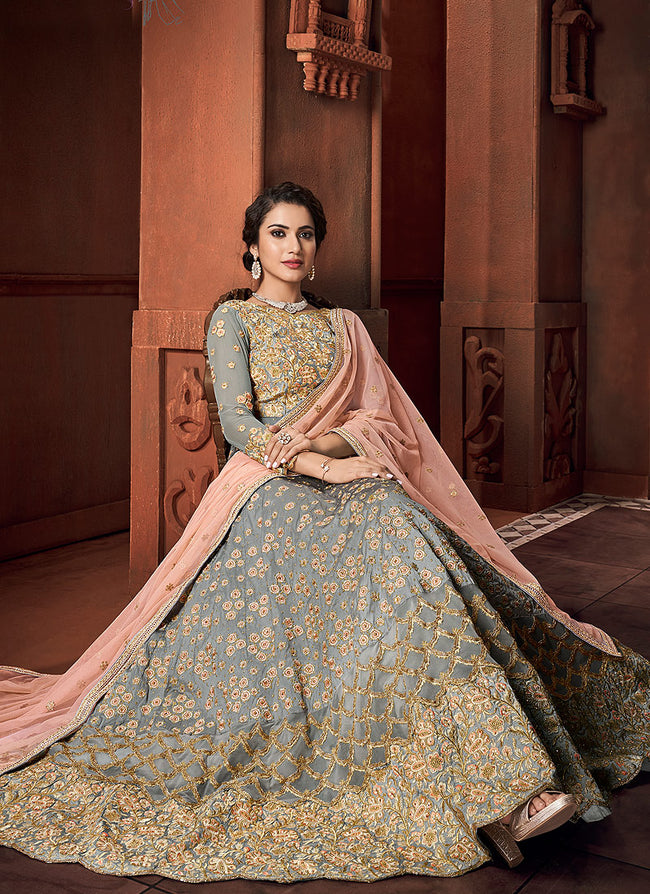 Grey And Peach Zari Embroidered Anarkali Suit
