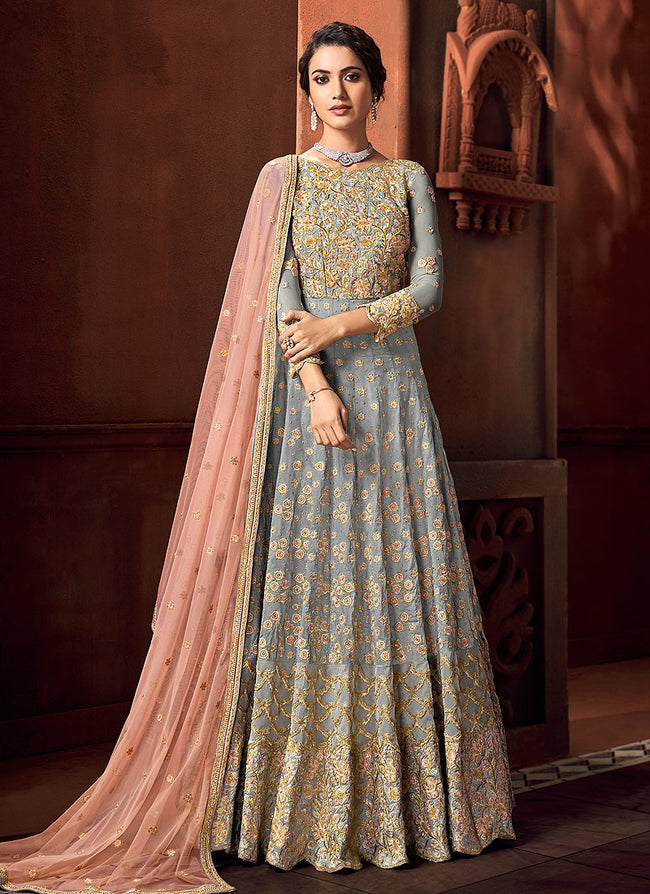 Indian Clothes - Grey And Peach Zari Embroidered Anarkali Suit
