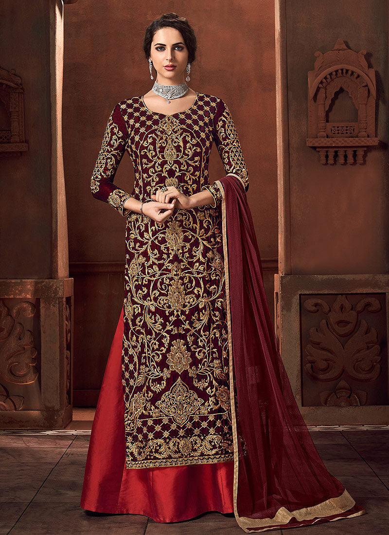 Indian Clothes - Red Embroidered Lehenga Style Anarkali Suit