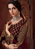 Red Embroidered Lehenga Style Anarkali Suit, Salwar Kameez