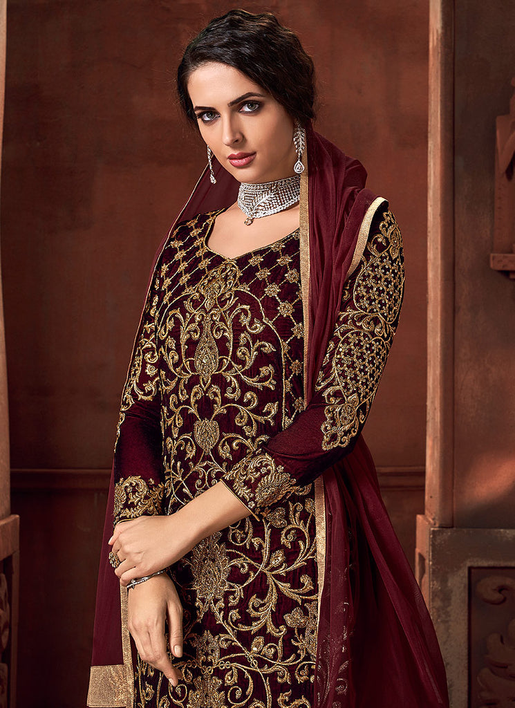 Red Embroidered Lehenga Style Anarkali Suit